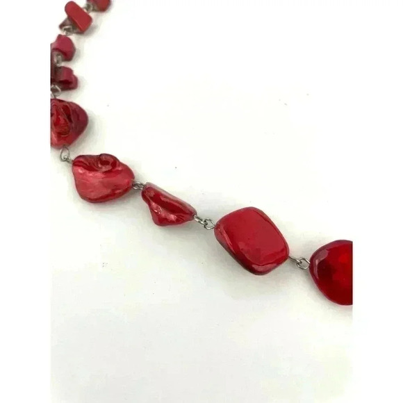 Red Natural Shell Chunky Beaded Necklace 20" Jewelry Silver Metal Tone - Picture 7 of 12